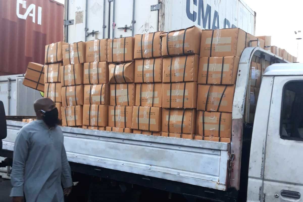 Cargo boxes loaded for export at a shipping container yard